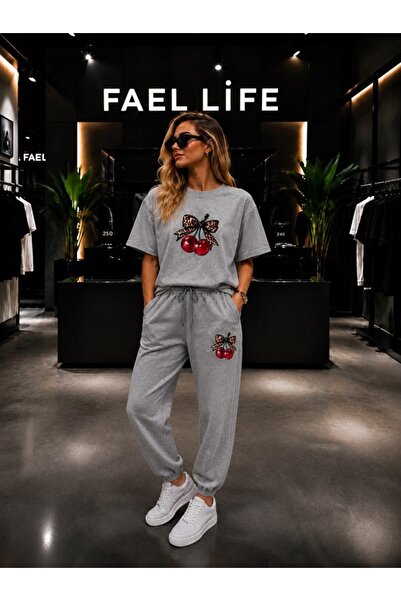 FAEL LİFE Unisex Wide-Let T-Shirt and Sweatpants Set with Cherry Ribbon Print
