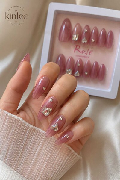 Kinlee Taşlı Takma Tırnak 12'li Badem Model Nude Pembe Parlak Protez Tırnak