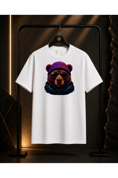 GOB Collection Unisex Bear Wearing Glasses Printed 100% Cotton Oversize Crew Neck Short Sleeve T-Shirt White