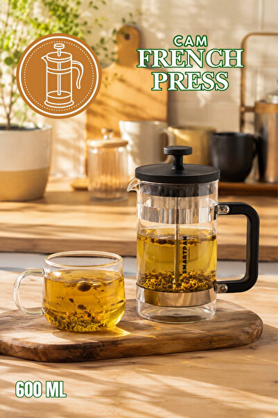Porsima Smartpan BV008 French Press Paslanmaz Çelik Süzgeçli Cam Bitki Çayı D...