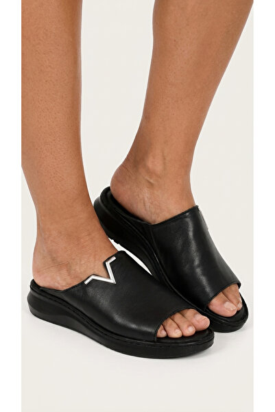 MY DERİ Bokks Women's Genuine Leather V Buckle Detailed Thick Sole Slippers B...