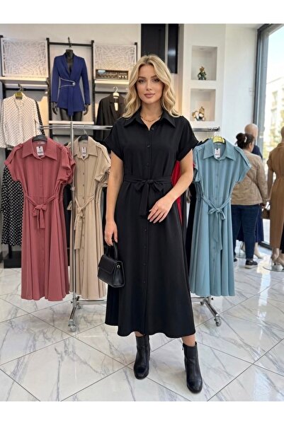 MC Boutique Kadın Siyah Gömlek Yaka Boydan Düğmeli Kuşaklı Midi Elbise
