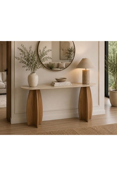 N.zone Modern Console Table with Sleek Oval Top and Carved Wooden Bases, Idea...