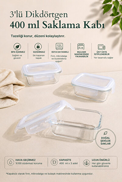 KHAKMA Set of 3 400 ml Glass Storage Containers with Leak-Proof Lids