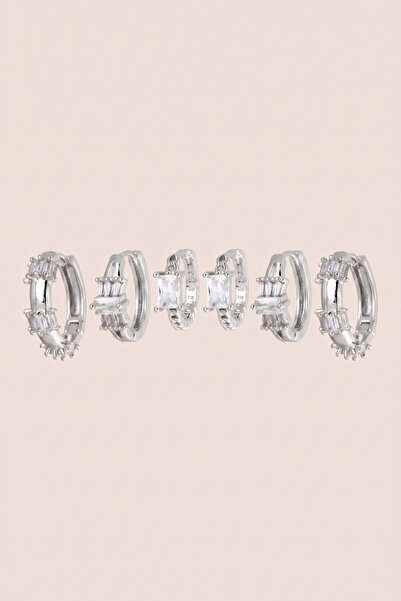 Hetra Silver Colored Zircon Stone and Baguette Stone 6-Piece Hoop Earring Set