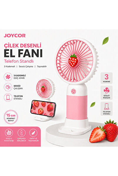 JOYCOR Meyve Desenli Mini El Fanı 3 Kademeli Type-C Şarjlı Telefon Standlı Ta...