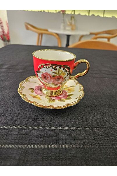 MİMSEGÜN DEKOR Hand-Painted Quality Coffee Cup with Gold Details and Roses