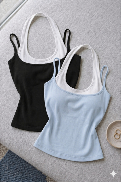 ÖZ PAMUK Pack of 2 Women's Halter Neck Double Color Soft Blouse Undershirt