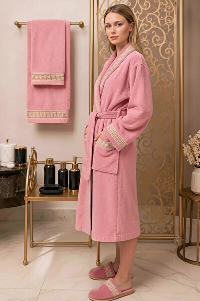 ars aras home textile %100 Pamuk Kadife Bornoz Seti 4 Parça - Greek Desen Lüks Hamam/Çeyizlik Banyo Havlu Ve Bornoz Takımı