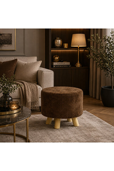 N.zone Modern Round Pouf Upholstered in Luxurious Fabric with Sturdy Wooden L...