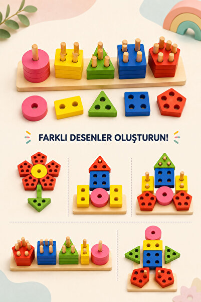 MİNGODAN Ahşap Geometrik Şekil Eşleştirme Yapı Blokları Renkli Desen Oluşturm...