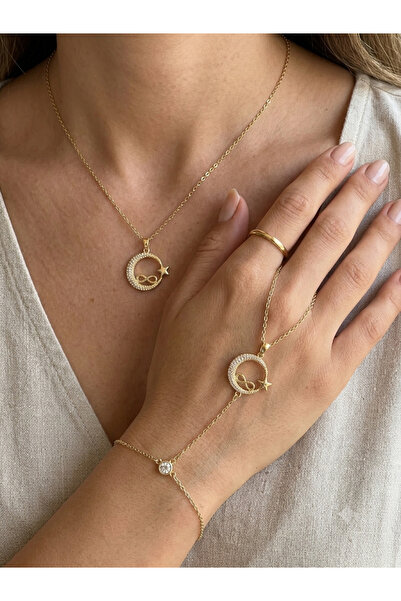 alias takı Women's Gold Moon Star Infinity Steel Jewelry Set (Necklace & Brac...