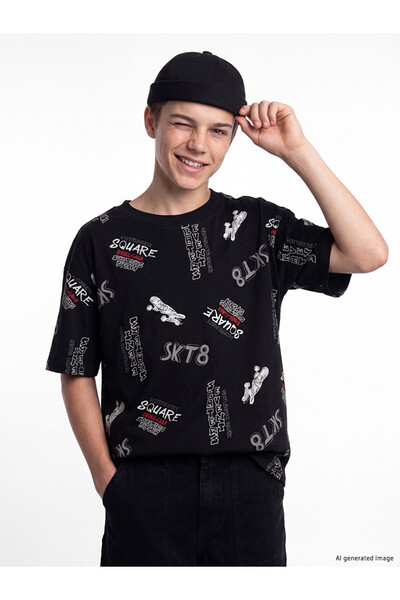 LC Waikiki Lcw Kids Black Crew Neck Printed Boys' T-Shirt