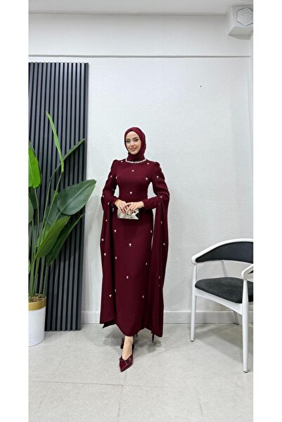 moda crn Taş İşlemeli Pelerin Kollu Tesettür Abiye