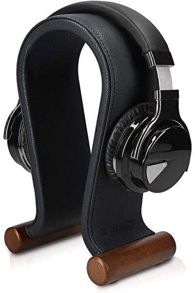Navaris Headphone stand made of synthetic leather and wooden base, Black, 481...