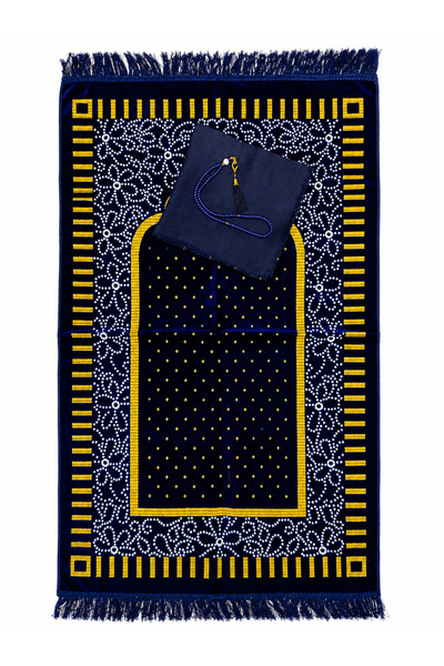 Lüks Kadife Seccade, Flamlı Eşarp ve Tesbih Seti 3'lü Hediye Seti 70x110 cm 450 Gr Lacivert mevlüt,hac ve umre hediyeliği