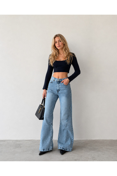 SHEVEGA Ice Blue High Waist Knee-Pocket Detailed Ripped Spanish-Cut Jean Deni...