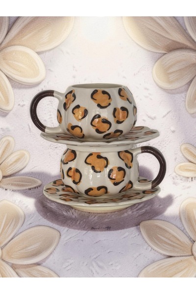 Çiporcal Kabak kupa sarı Dalmaçyalı 2li tabaklı kupa seti el dekoru seramik mug