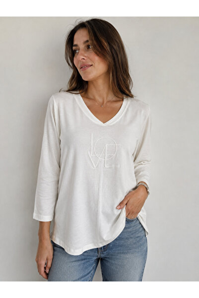 Neden Tekstil Women's White V-Neck Long Sleeve Relaxed Fit Blouse