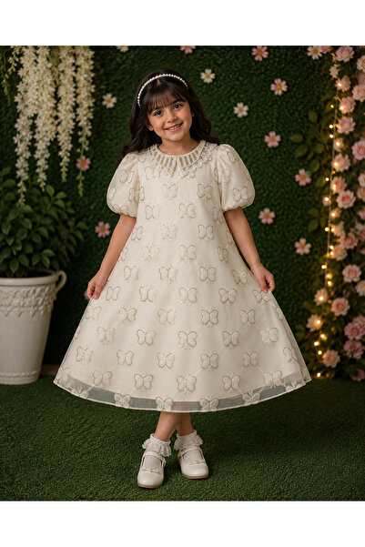 Al Farasha Girls Luxury Butterfly Embroidered Party Dress with Pearl Collar –...