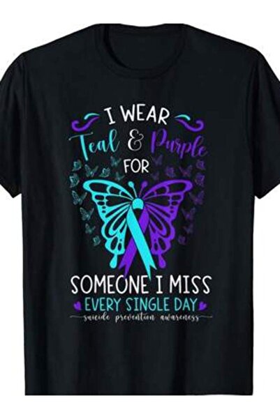 799 Suicide Prevention Awareness T-Shirt Black Tee With Teal & Purple Butterf...