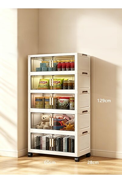 CozyWorld 60cm Wide 5 Tier Foldable Storage Cabinet with Doors and Wheels