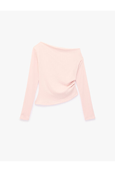 Koton Bürümcük Fabric Asymmetrical Cut Long Sleeve Gathered Boat Neck Blouse