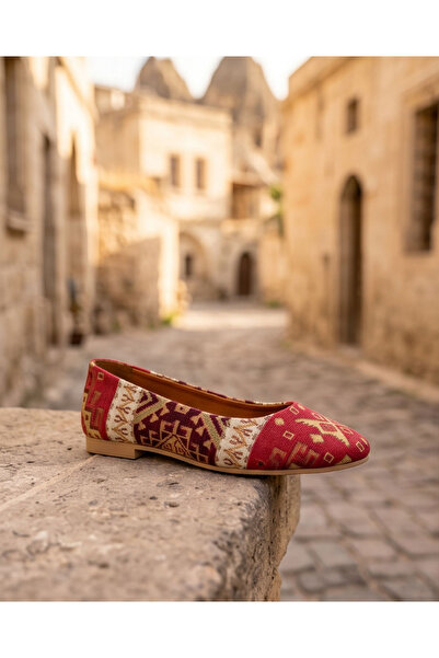 futsi shoes VITTORIA Hakiki Deri Etnik Desenli Kadın Kırmızı Kilim Desenli Babet