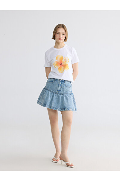 LC Waikiki Fustă mini din denim cu talie înaltă și volane