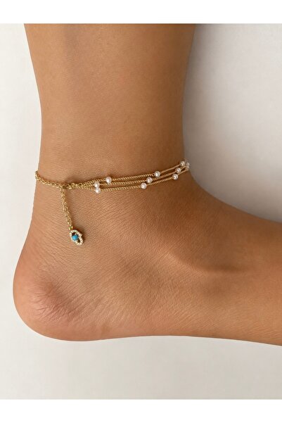Lisse.co Anti-Tarnish Triple Pearl Chain Blue Stone Clip Detail Steel Anklet