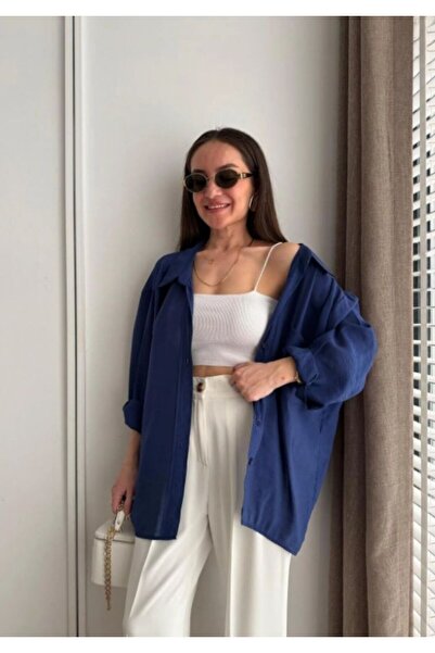 MOODAY Navy Blue Low Shoulder Oversize Shirt