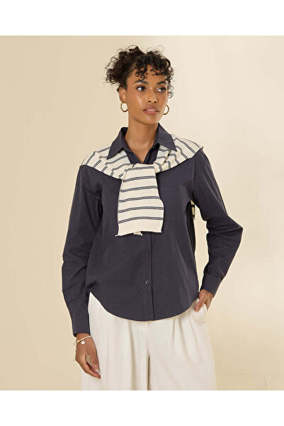 REDTAG Women Navy Button-Down Shirt With Scarf