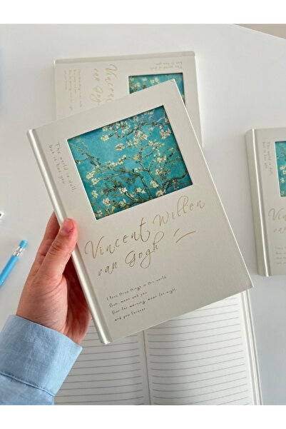 Kağıt Gemi Dükkan Van Gogh Badem Çiçeği Tasarımı Çizgili Sert Kapak Defter/Aj...