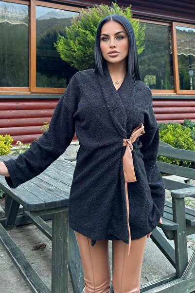 Moda4x4 Women's Clothing Black Double-Breasted Collar, Leather Belted, Lamb P...
