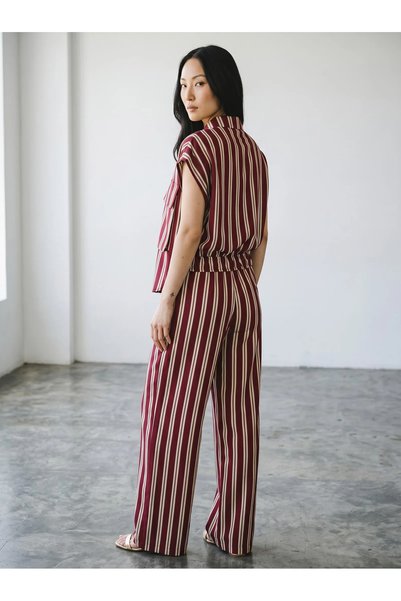 Haveone Pantaloni cu dungi și elastic în talie bordeaux