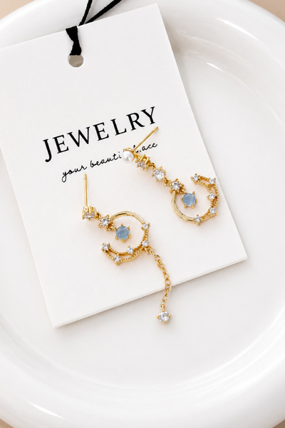 THE Steel Stylish Women's Earrings with Gold Color, Blue Stone and Zircon Detail