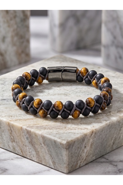 Parmas Design Men's Bracelet with Steel Rope, Tiger's Eye and Onyx Natural St...