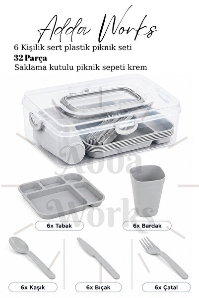 Adda Works 6 Kişilik Piknik Seti 32 Parça Kamp Seti Saklama Kutulu Tabak Bard...
