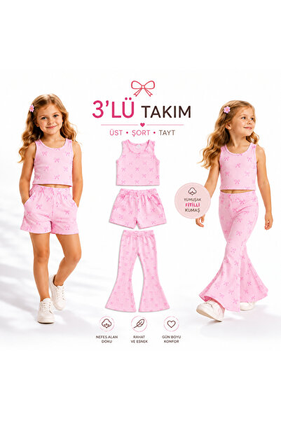 özge başaran Girl's Pink Bow Patterned Ribbed 3-Piece Set: Shorts + Leggings ...