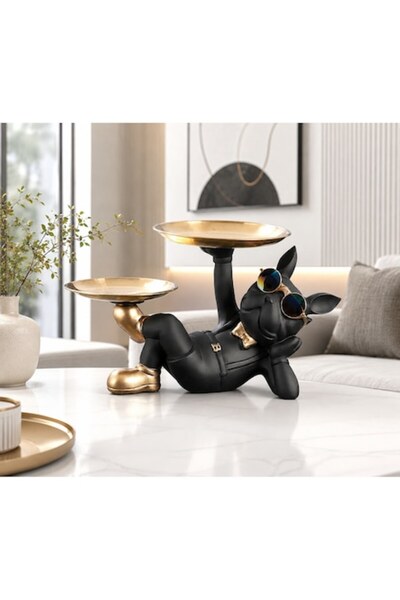 BLA BLA FOAM Suport Multifuncțional Decorativ Bulldog Francez cu 2 Tăvi, Negr...
