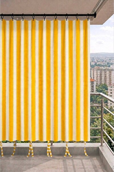 SHY TEKSTİL Sarı-Beyaz balkon perdesi halkalı bağcıklı suya dayanıklı dış mek...