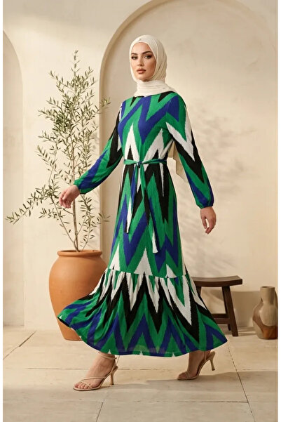sefamerve Bürümcük Fabric Zigzag Patterned Hijab Dress 0580A-05 Emerald Green...