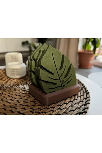 FK DIFFERENCE 3D Baskı Monstera Yaprak Bardak Altlığı Seti – 6'lı Standlı Dek...