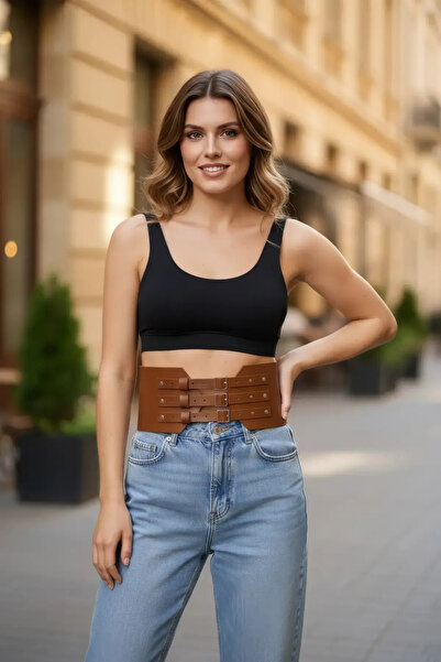 Angels Passion Tan Women's Belt Thick Three-Buckle Wide Waist Accessory