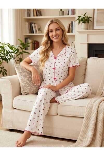 Asel Women's Short Sleeve Soft Tuşe Summer Lycra Camisole Fabric Pajamas Suit