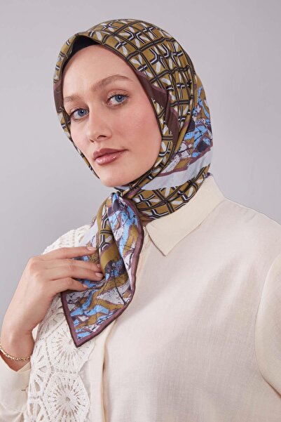 Levidor Oil Green Geometry Pattern Silk Cotton Scarf