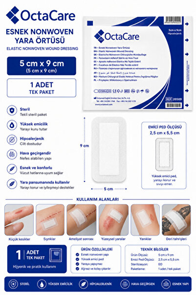 Octacare Esnek Steril (Nonwoven) Yara Örtüsü Yara Bandı 5cm * 9cm - (1 Adet)