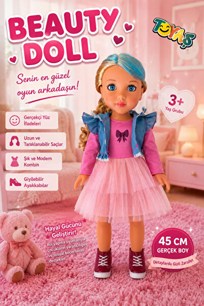 Toyaş Beauty Doll 45 cm Gerçekçi Et Bebek Uzun Saçlı Hareketli Kollu ve Bacak...
