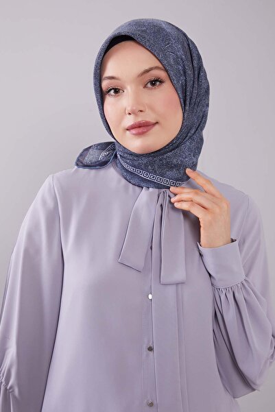 Levidor Light Navy Blue Silk Cotton Scarf with Border Motif