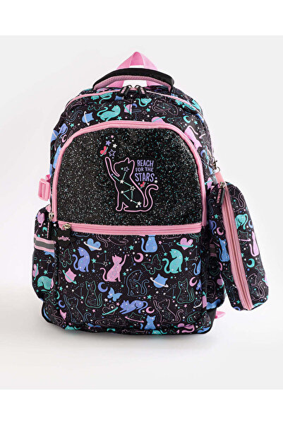 REDTAG Black and Pink Assorted Cat Teen Backpack